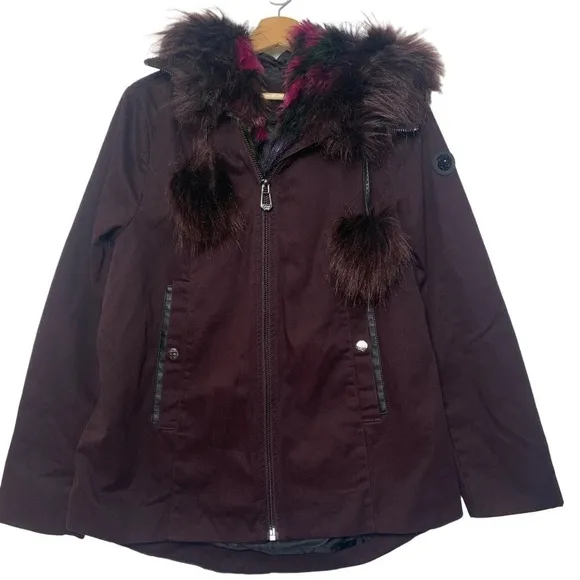 - Gianni Bini Burgundy Anorak Faux Fur Hood w/ Detachable Fur
