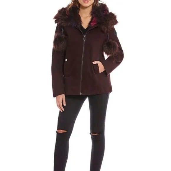 - Gianni Bini Burgundy Anorak Faux Fur Hood w/ Detachable Fur