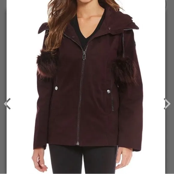 - Gianni Bini Burgundy Anorak Faux Fur Hood w/ Detachable Fur