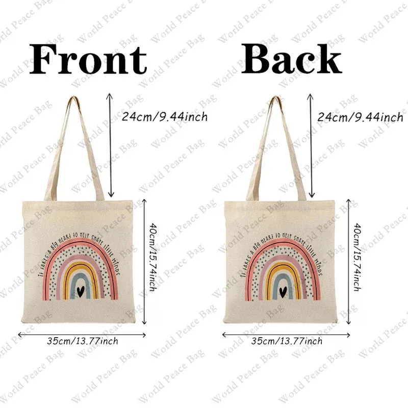 1 Pc It Takes A Big Heart To Shape Little Minds Rainbow Pattern Tote Bag Canvas Shoulder Bag Women's Reusable Shopping Bag