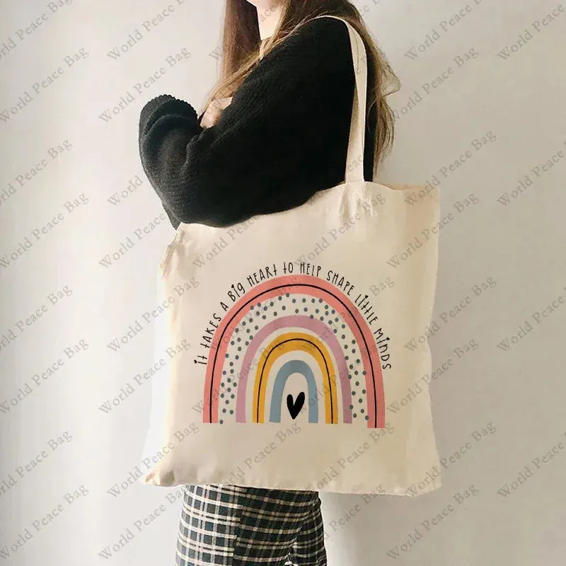 1 Pc It Takes A Big Heart To Shape Little Minds Rainbow Pattern Tote Bag Canvas Shoulder Bag Women's Reusable Shopping Bag