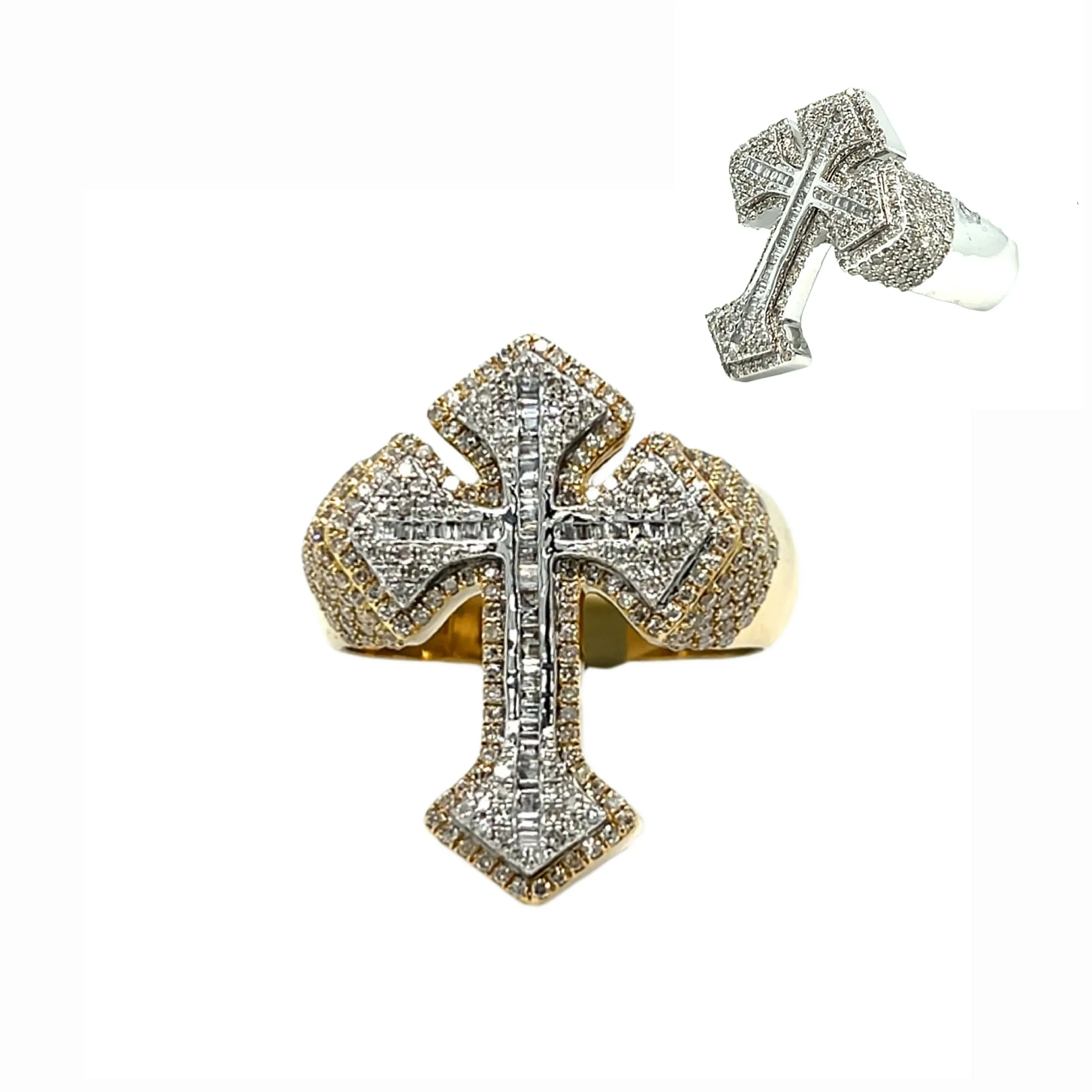 10K Gold Cross Baguette & Round Side 1.3CT Natural Diamonds Ring - SR23875