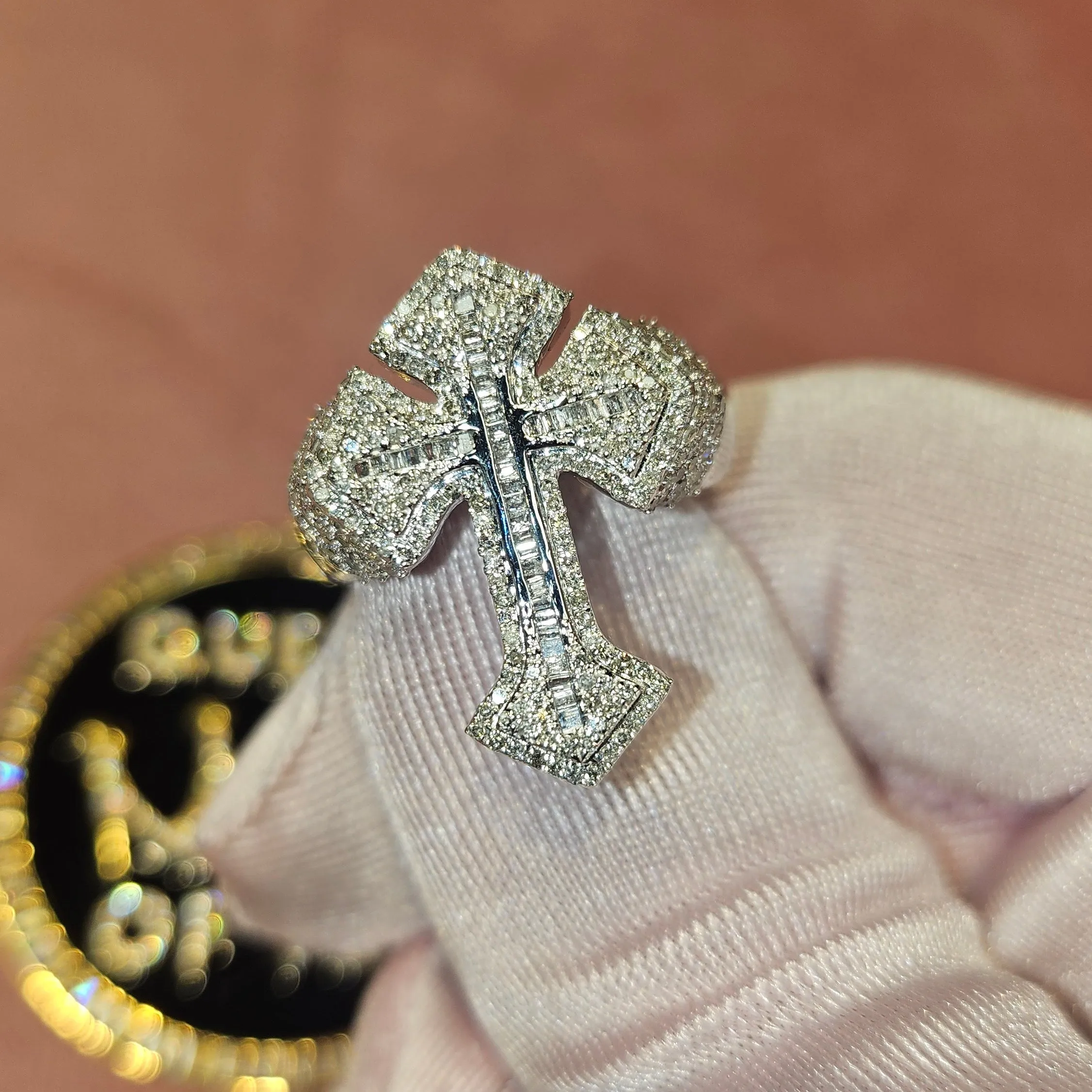 10K Gold Cross Baguette & Round Side 1.3CT Natural Diamonds Ring - SR23875