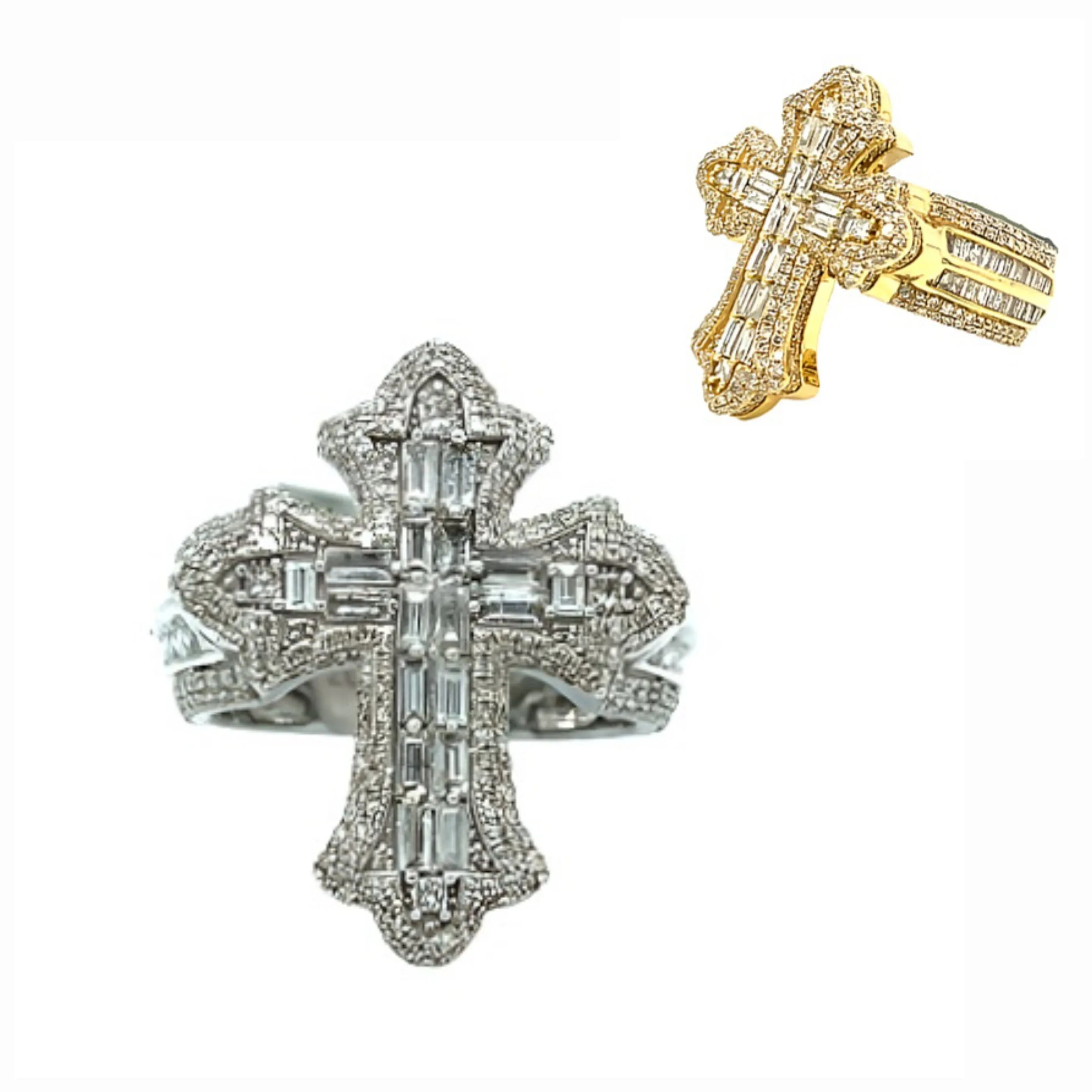 10K Gold Cross Round & Baguette Side 2.88CT Natural Diamonds Ring - CSR39032