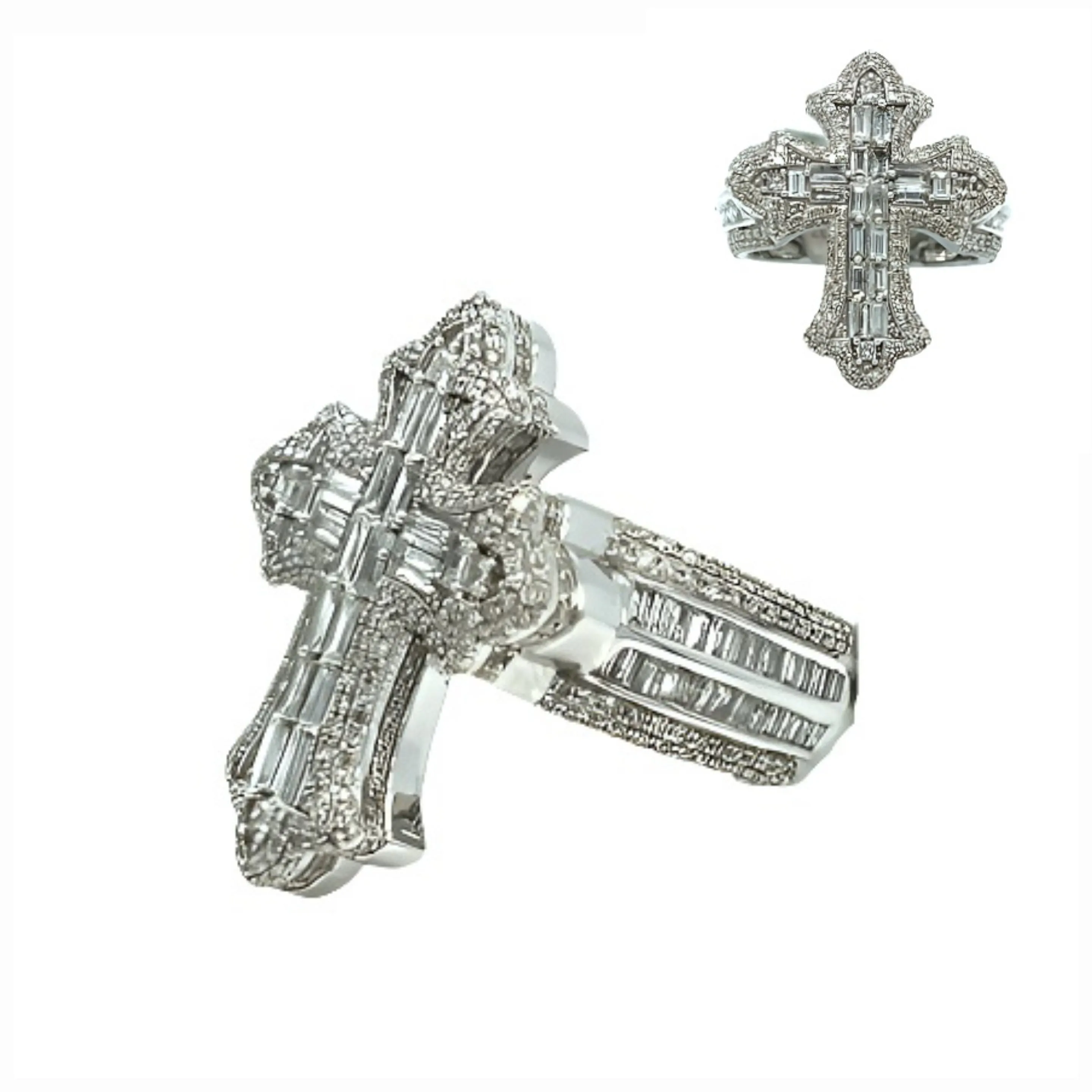 10K Gold Cross Round & Baguette Side 2.88CT Natural Diamonds Ring - CSR39032