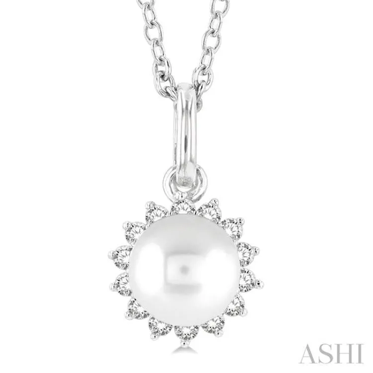 1/10 ctw Petite 6X6MM Pearl and Round Cut Diamond Fashion Pendant With Chain in 10K White Gold