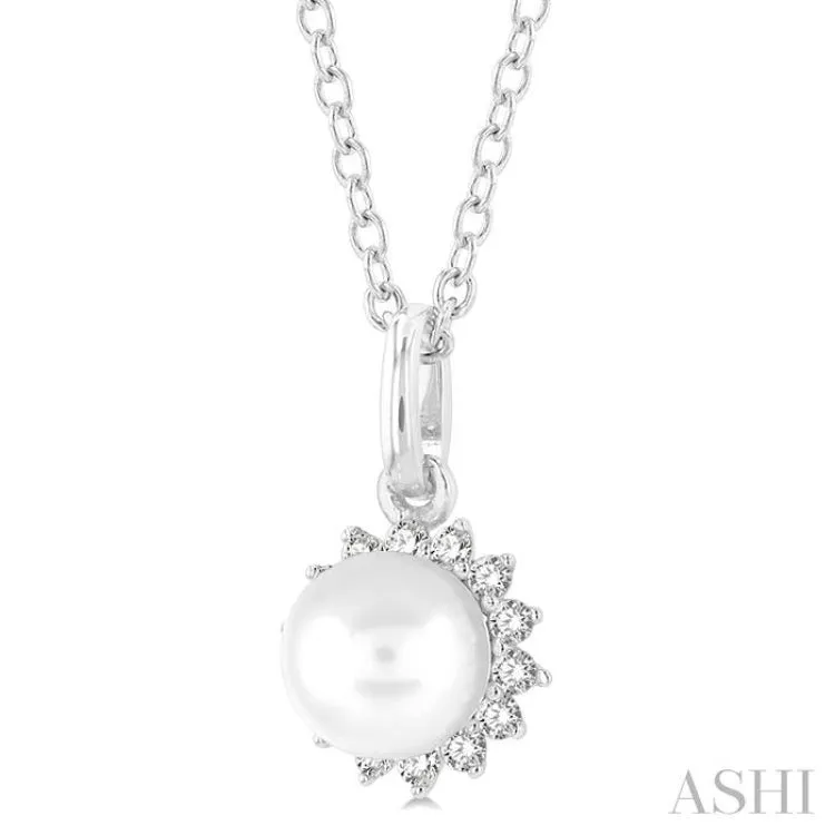 1/10 ctw Petite 6X6MM Pearl and Round Cut Diamond Fashion Pendant With Chain in 10K White Gold