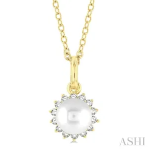 1/10 ctw Petite 6X6MM Pearl and Round Cut Diamond Fashion Pendant With Chain in 10K Yellow Gold