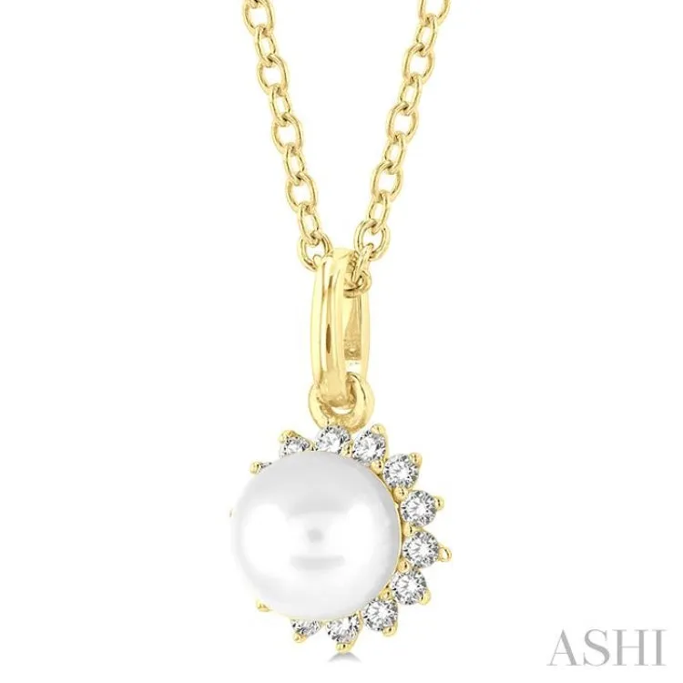1/10 ctw Petite 6X6MM Pearl and Round Cut Diamond Fashion Pendant With Chain in 10K Yellow Gold