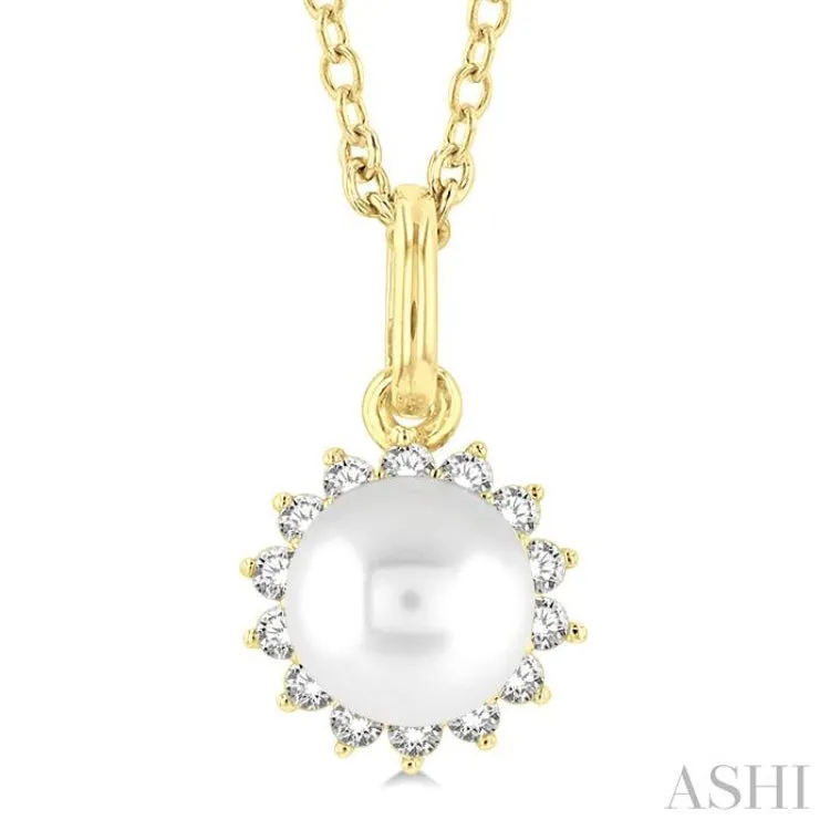 1/10 ctw Petite 6X6MM Pearl and Round Cut Diamond Fashion Pendant With Chain in 10K Yellow Gold