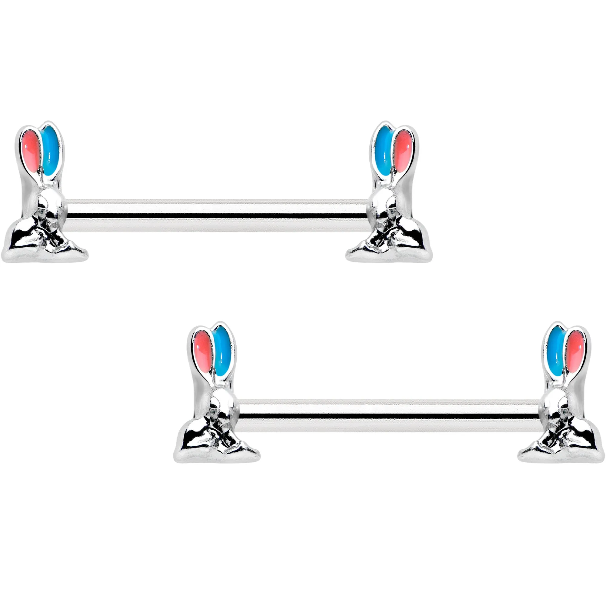 14 Gauge 9/16 Easter Bunny Blue Red Ears Barbell Nipple Ring Set