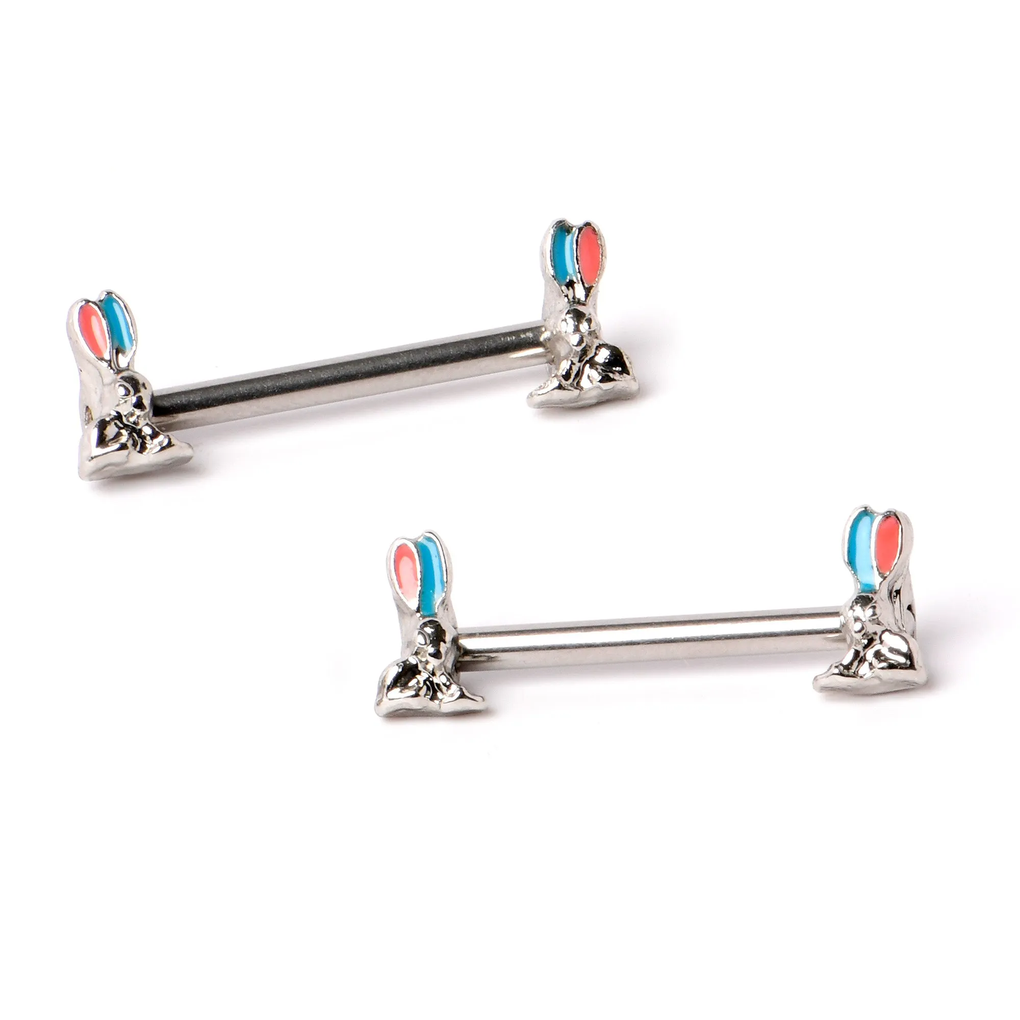 14 Gauge 9/16 Easter Bunny Blue Red Ears Barbell Nipple Ring Set