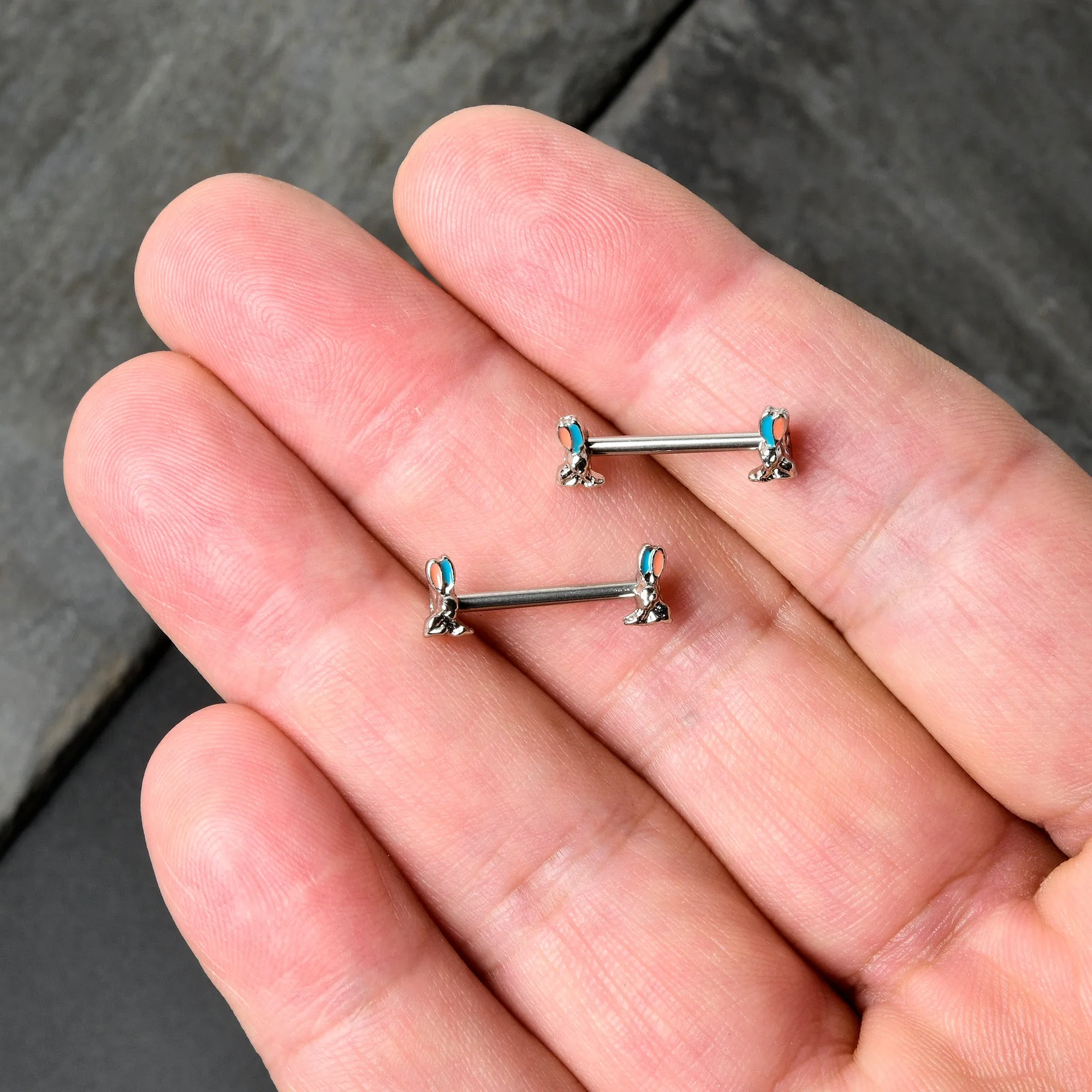 14 Gauge 9/16 Easter Bunny Blue Red Ears Barbell Nipple Ring Set