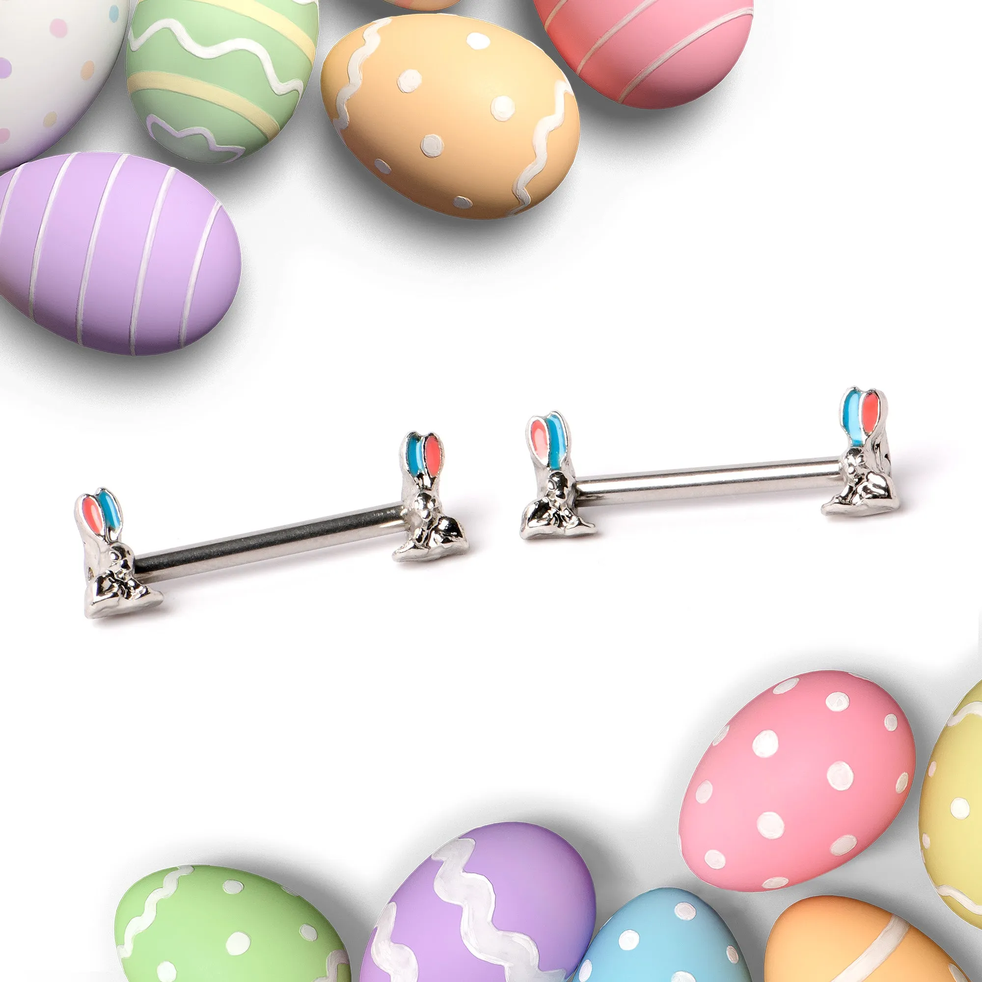 14 Gauge 9/16 Easter Bunny Blue Red Ears Barbell Nipple Ring Set