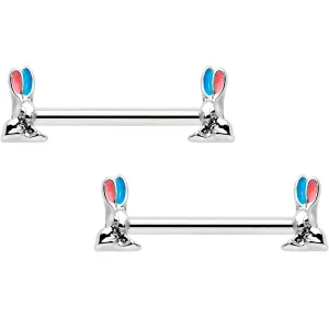 14 Gauge 9/16 Easter Bunny Blue Red Ears Barbell Nipple Ring Set