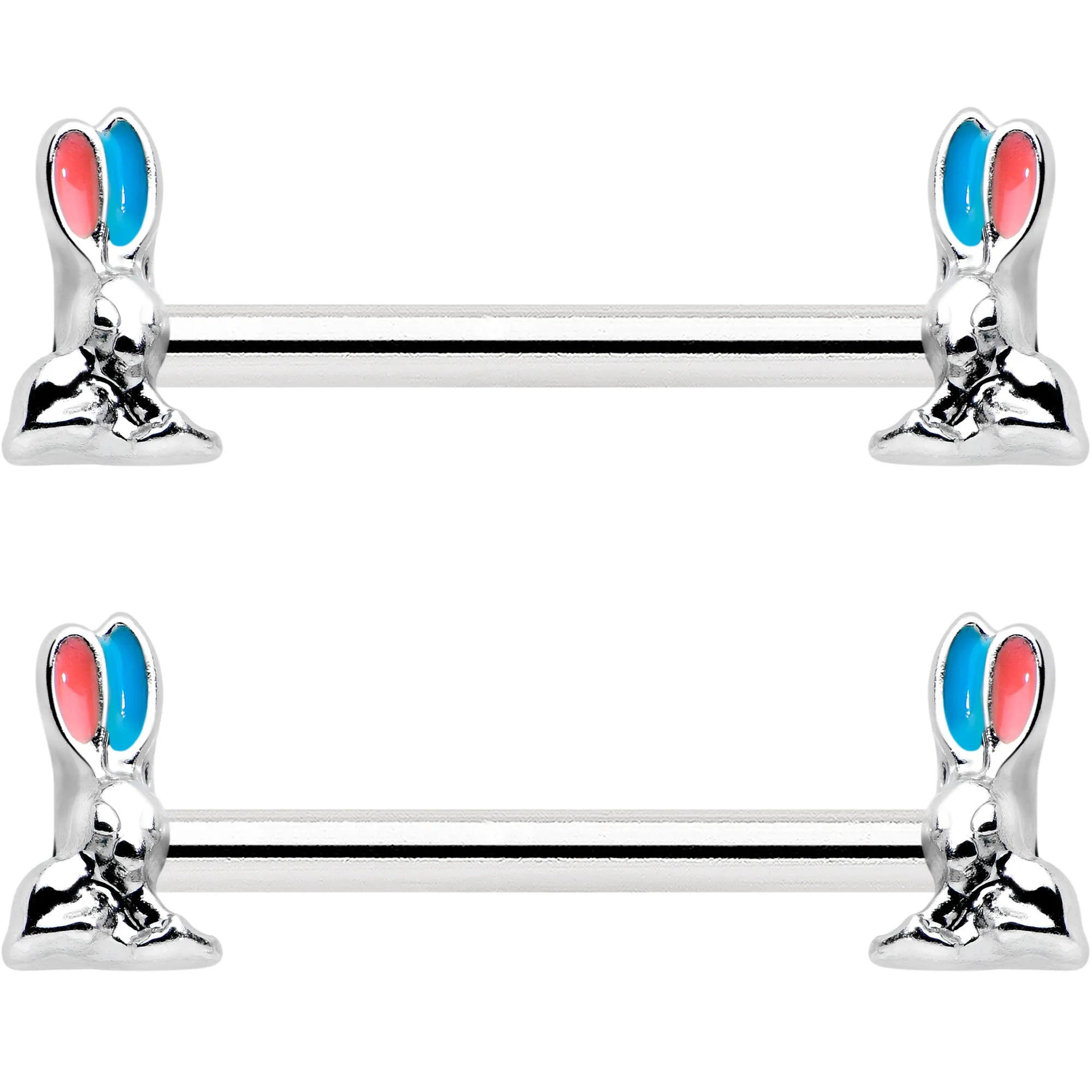 14 Gauge 9/16 Easter Bunny Blue Red Ears Barbell Nipple Ring Set