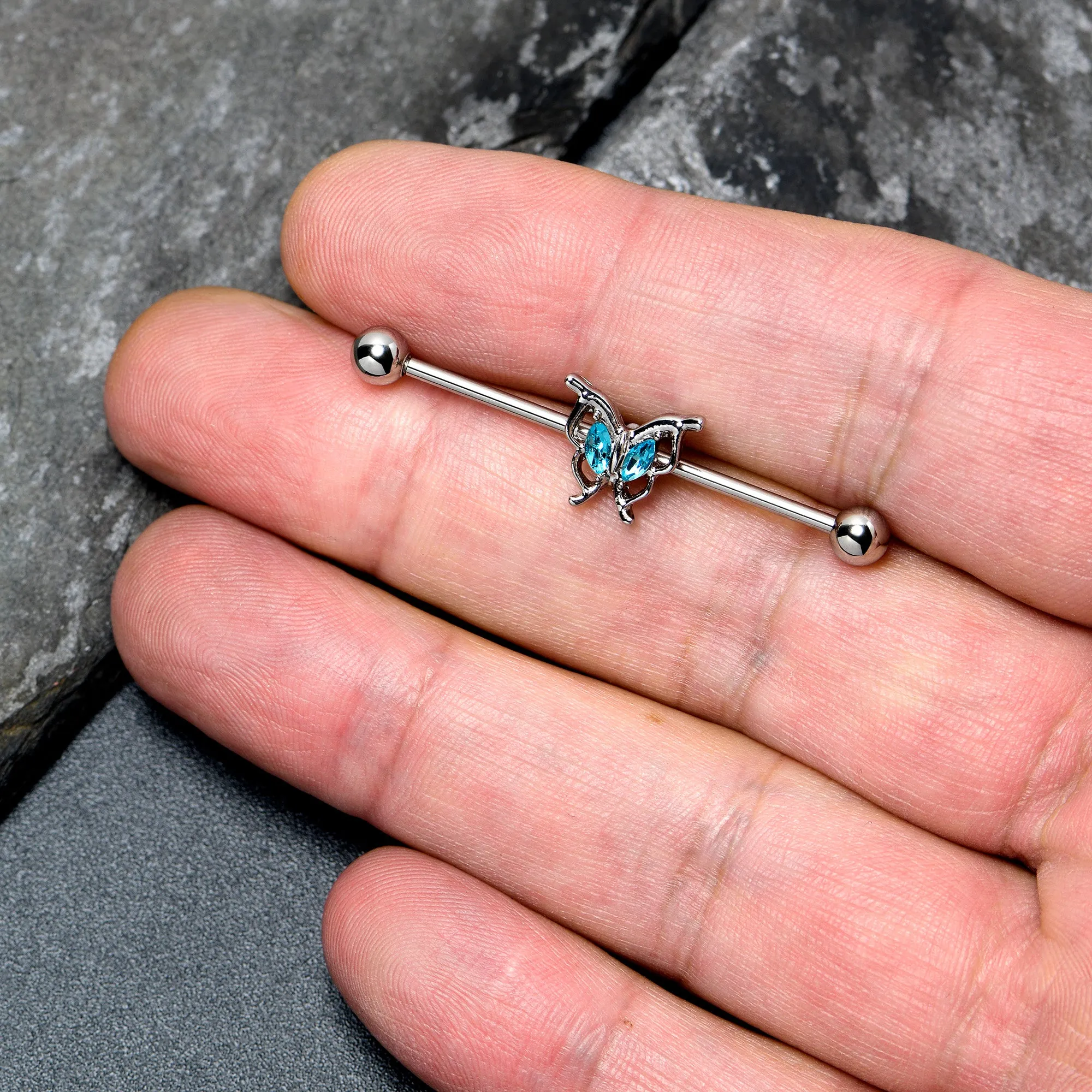14 Gauge Blue Gem Fancy Fab Butterfly Industrial Barbell 38mm