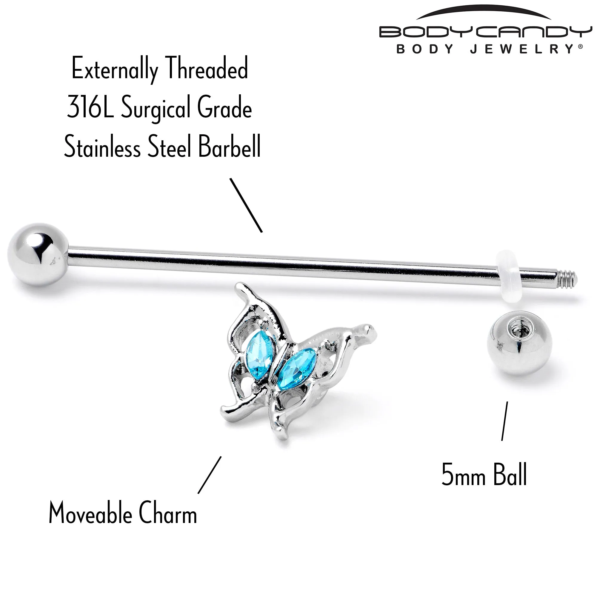 14 Gauge Blue Gem Fancy Fab Butterfly Industrial Barbell 38mm