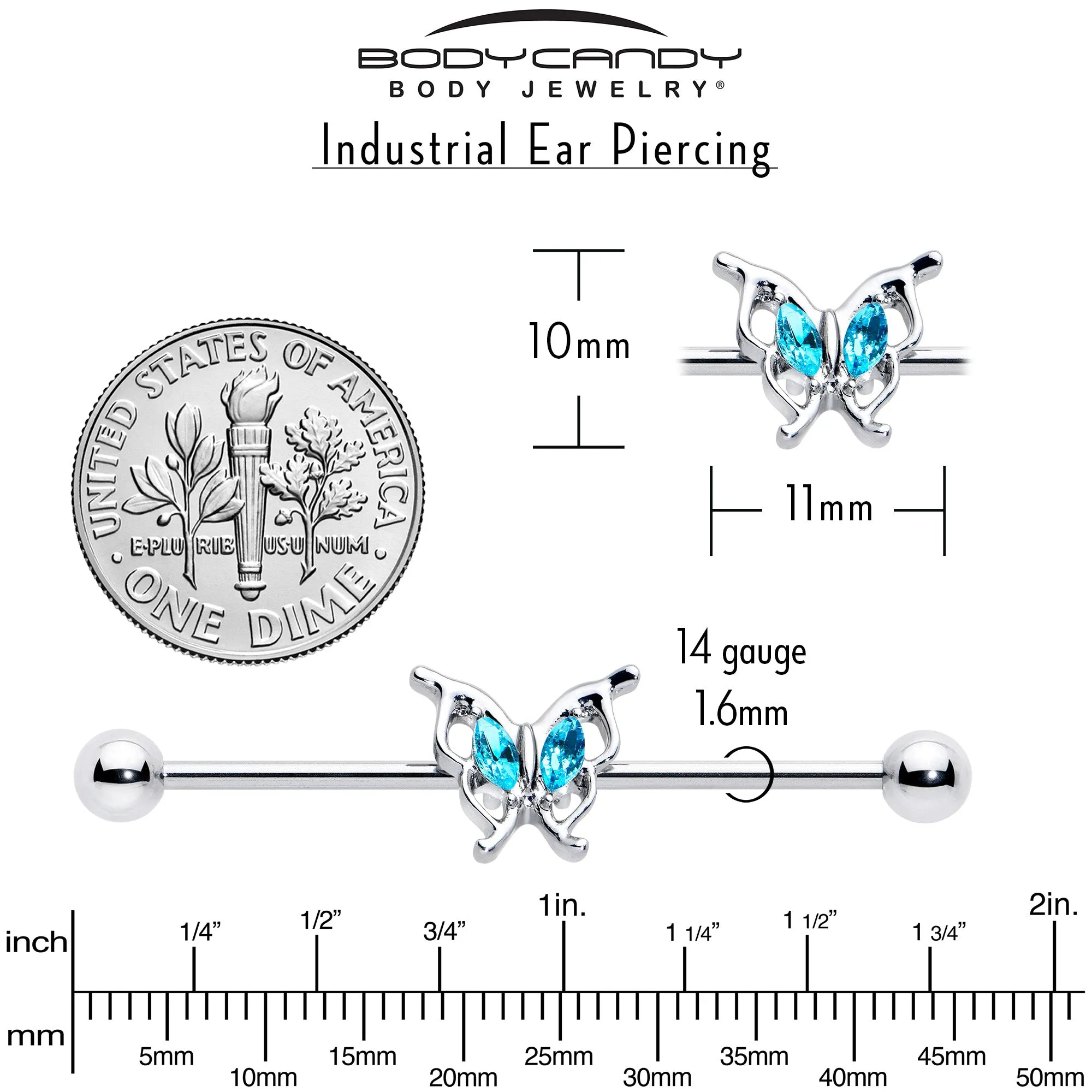 14 Gauge Blue Gem Fancy Fab Butterfly Industrial Barbell 38mm