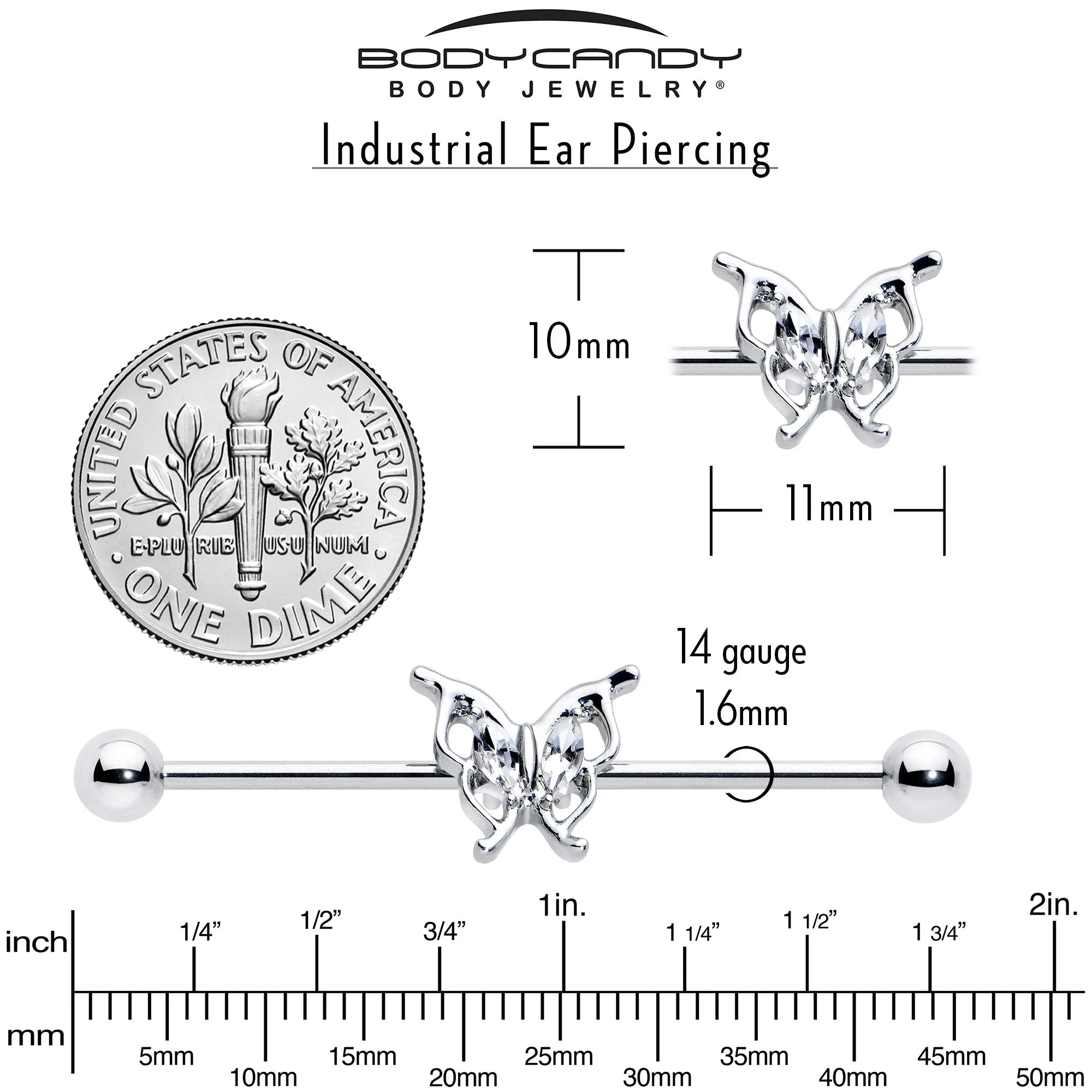 14 Gauge Clear Gem Fancy Fab Butterfly Industrial Barbell 38mm