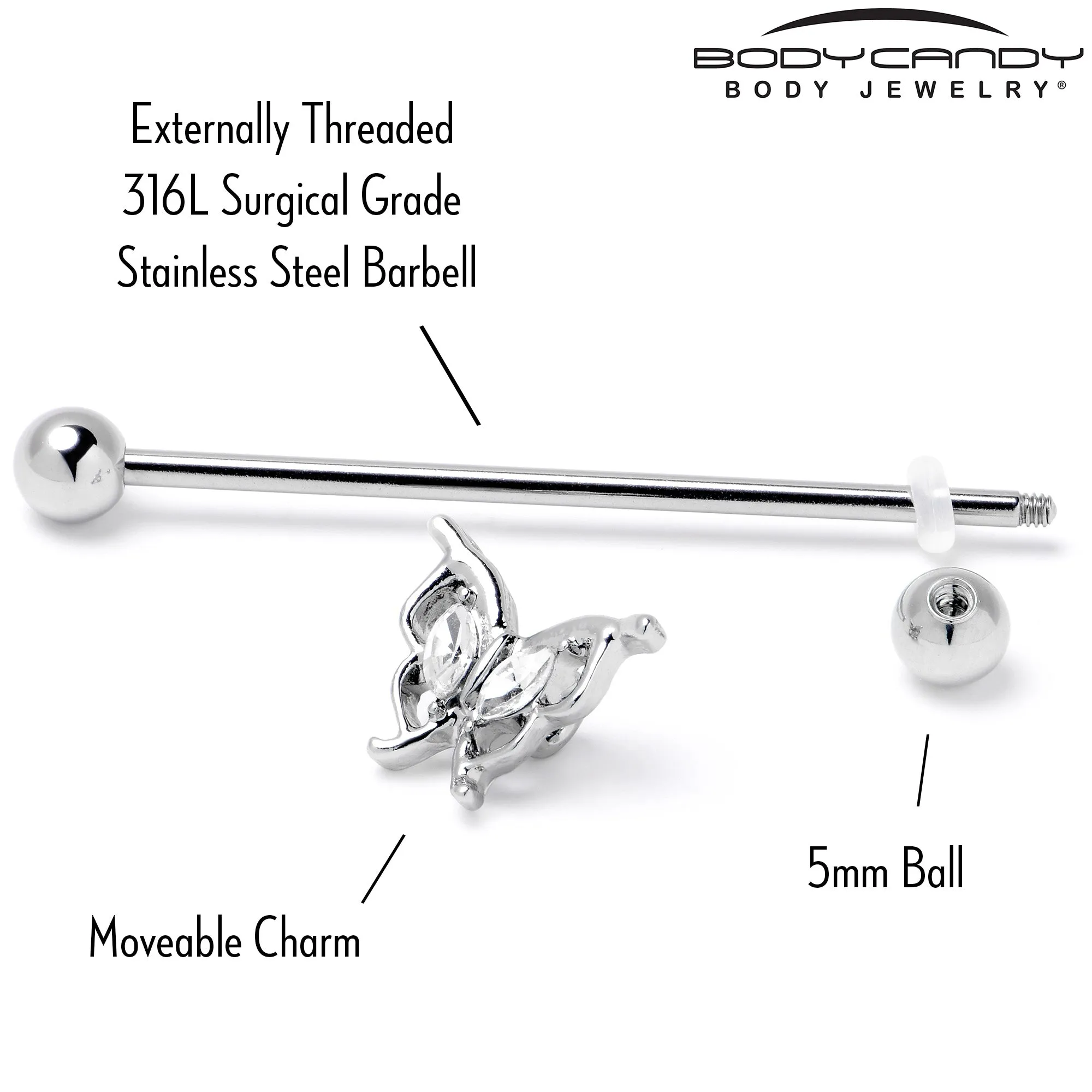 14 Gauge Clear Gem Fancy Fab Butterfly Industrial Barbell 38mm