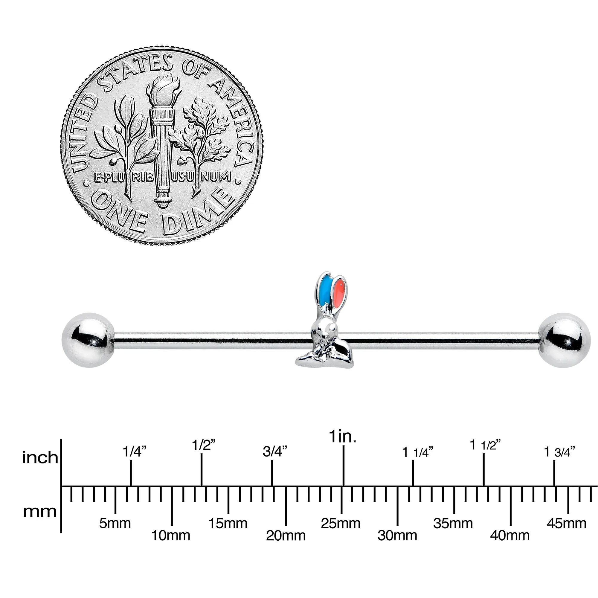 14 Gauge Easter Bunny Red Blue Ears Industrial Barbell 38mm