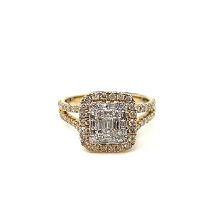 14K Gold Square Baguette & Round 0.93CT Natural Diamonds Ring - RP-20279
