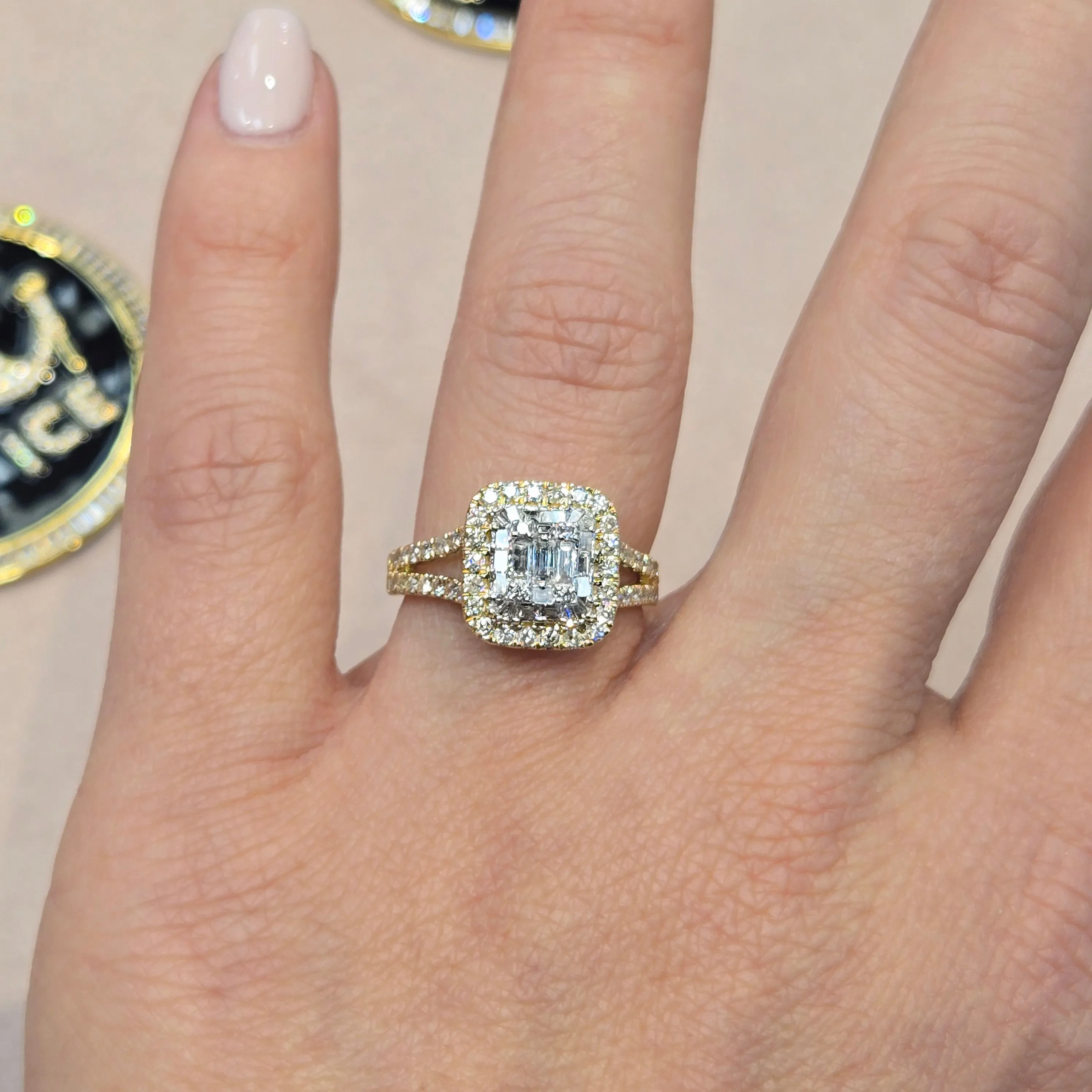 14K Gold Square Baguette & Round 0.93CT Natural Diamonds Ring - RP-20279