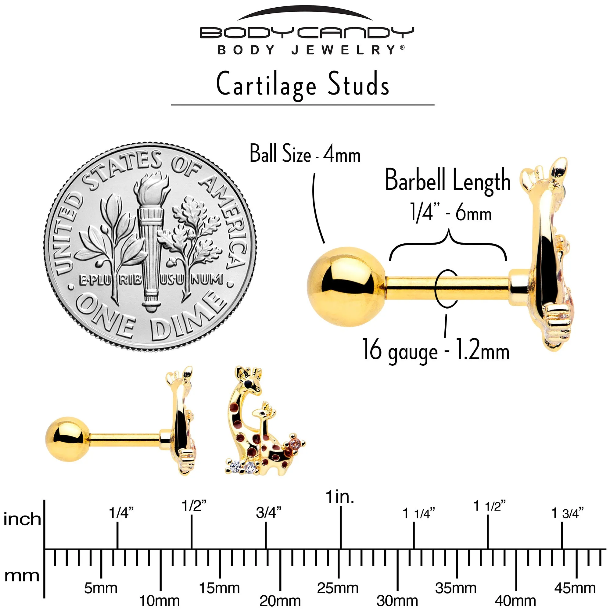 16 Gauge 1/4 Clear CZ Gem Gold Tone Mom Baby Giraffes Cartilage Earring
