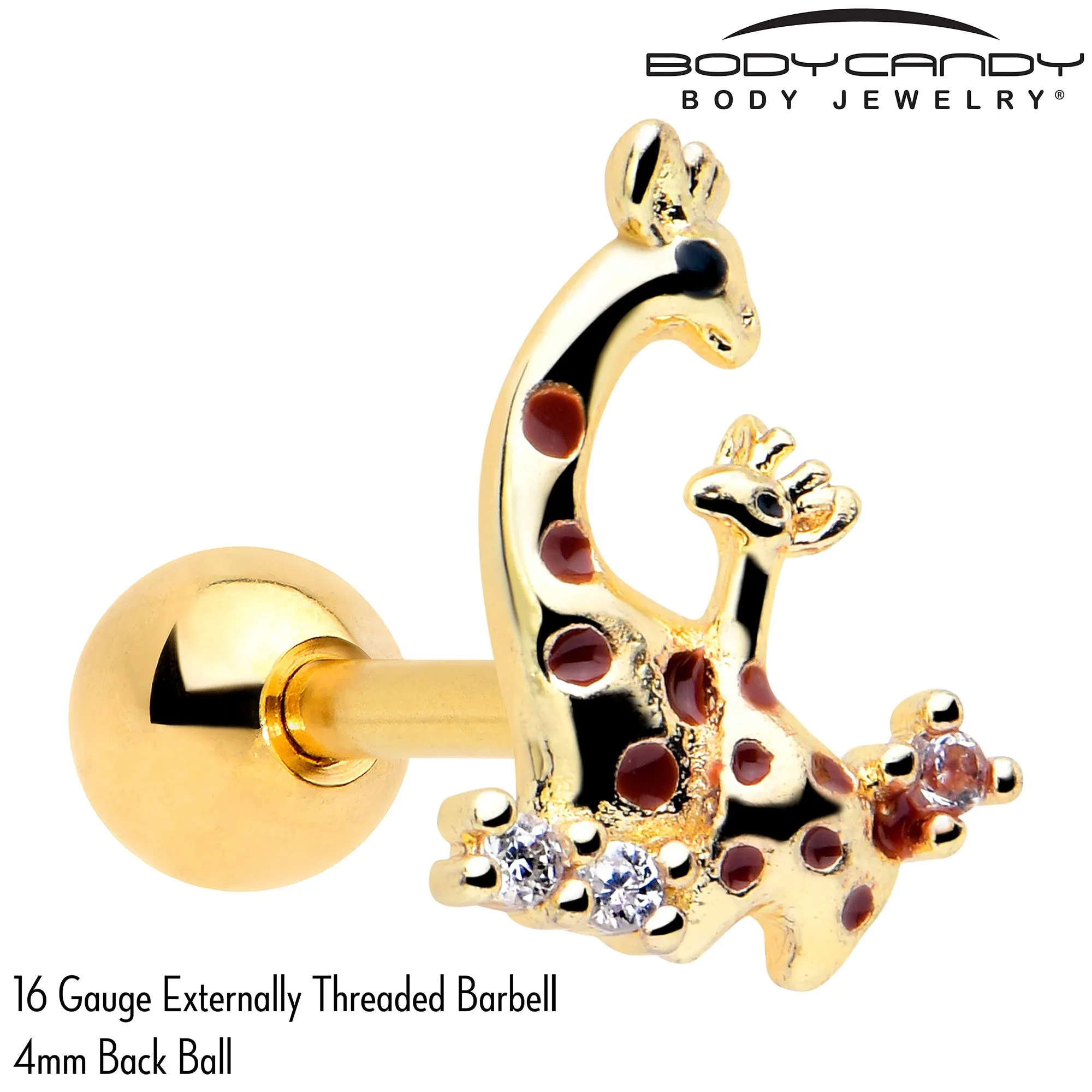 16 Gauge 1/4 Clear CZ Gem Gold Tone Mom Baby Giraffes Cartilage Earring