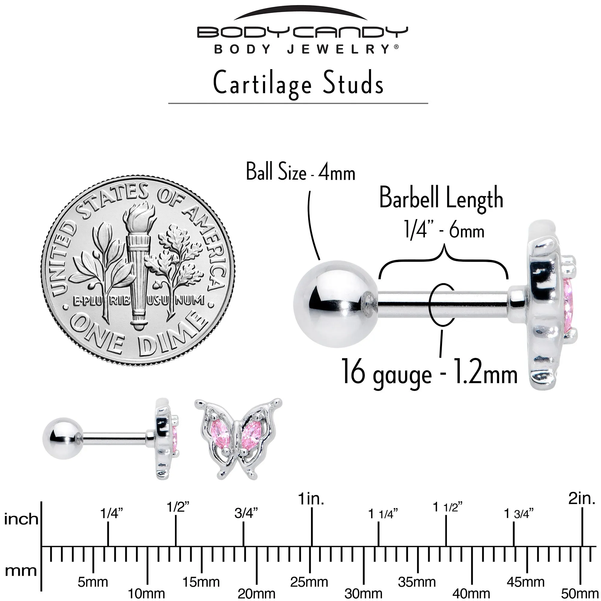 16 Gauge 1/4 Pink Gem Fancy Fab Butterfly Cartilage Tragus Earring