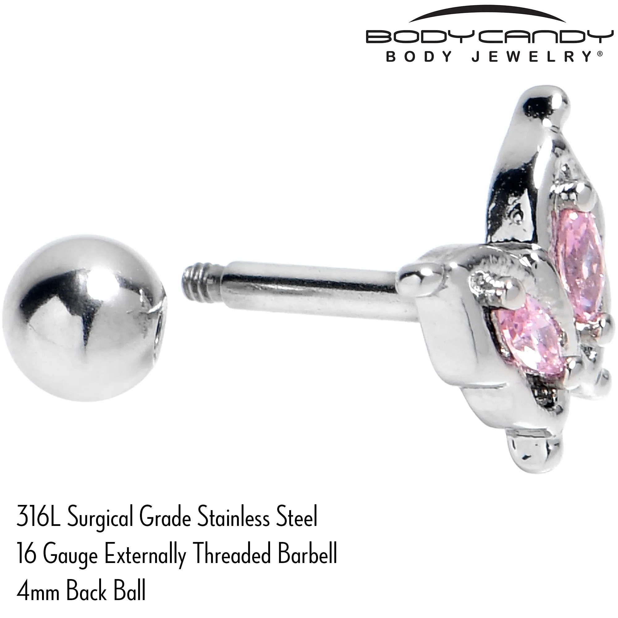 16 Gauge 1/4 Pink Gem Fancy Fab Butterfly Cartilage Tragus Earring