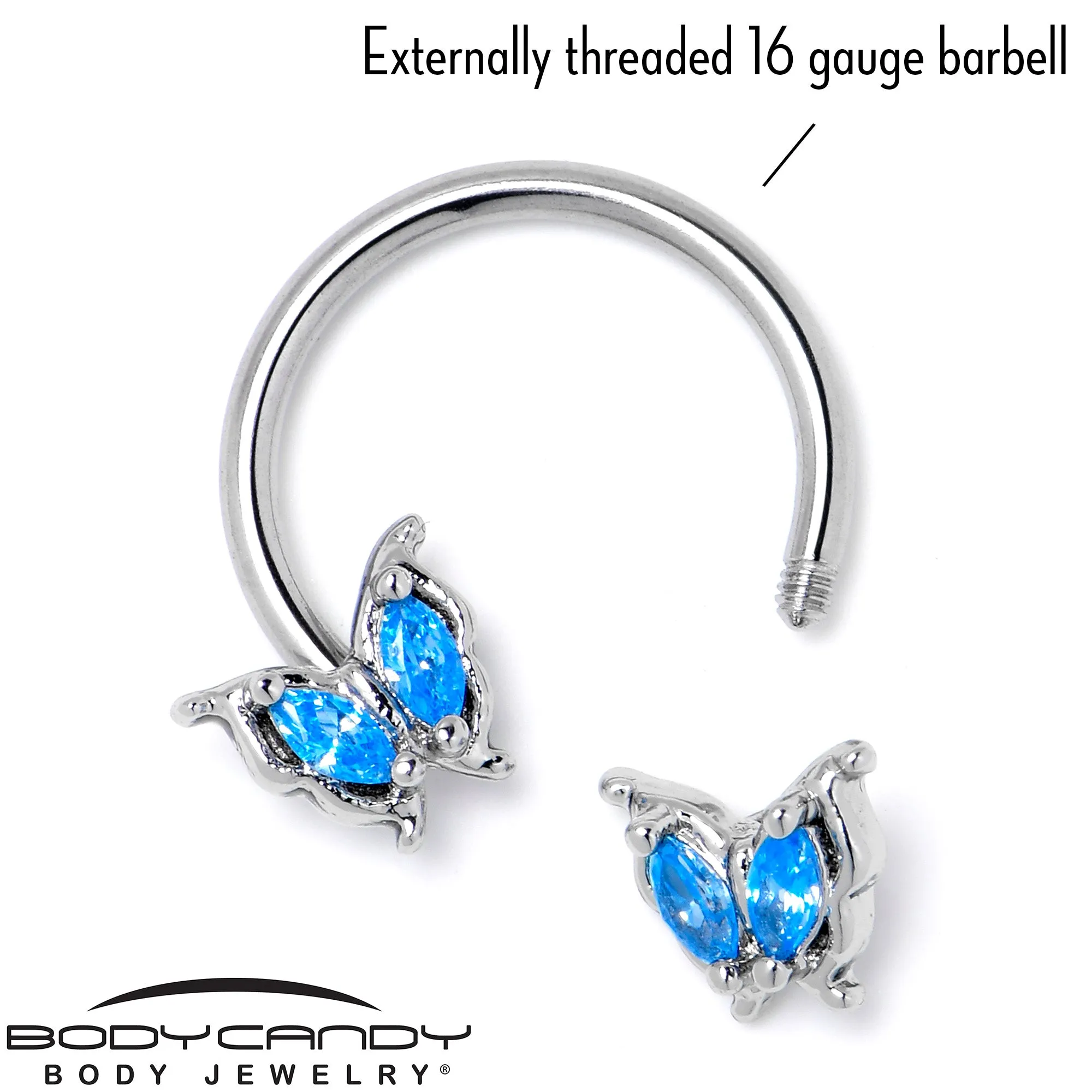 16 Gauge 3/8 Blue Gem Fancy Fab Butterfly Horseshoe Circular Barbell