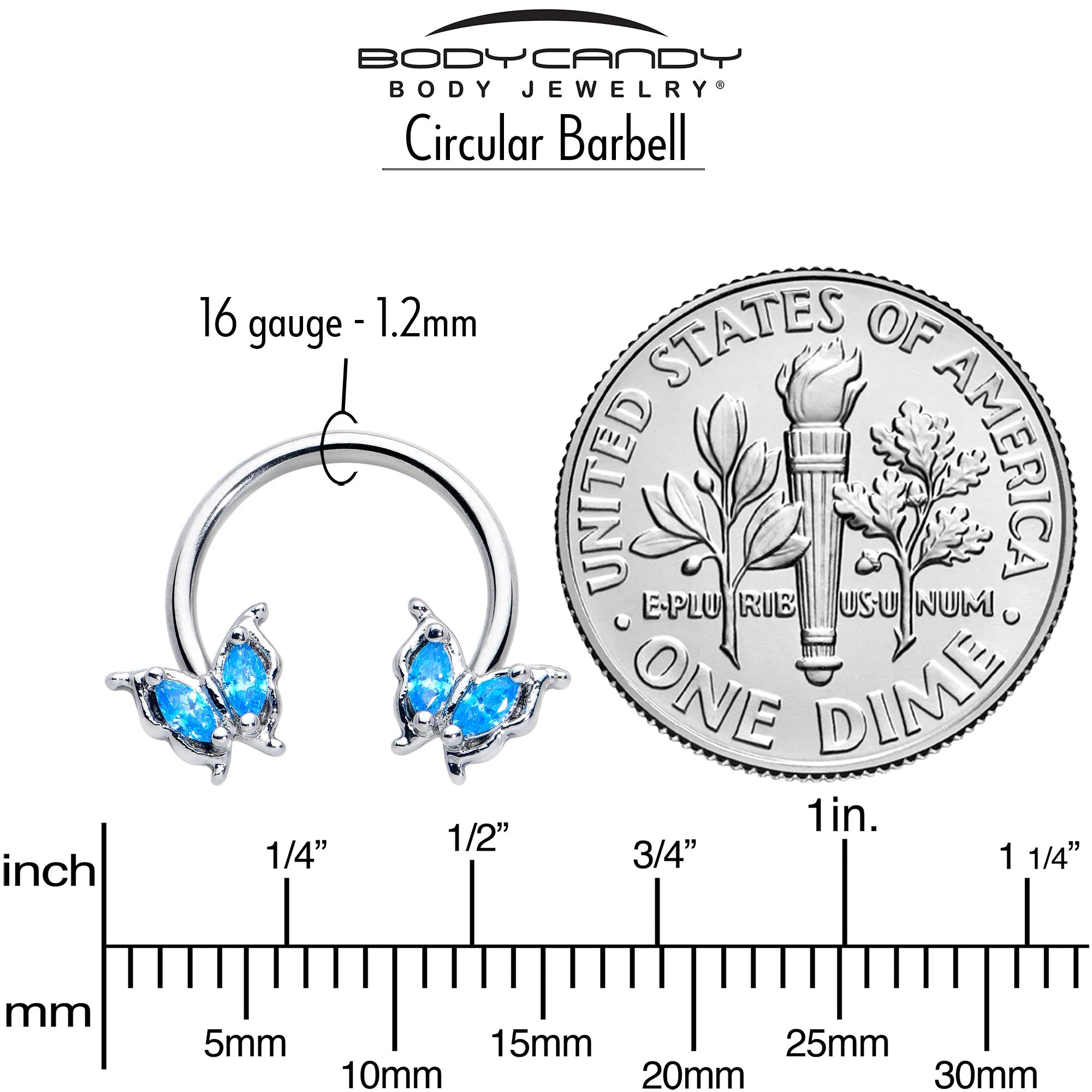 16 Gauge 3/8 Blue Gem Fancy Fab Butterfly Horseshoe Circular Barbell