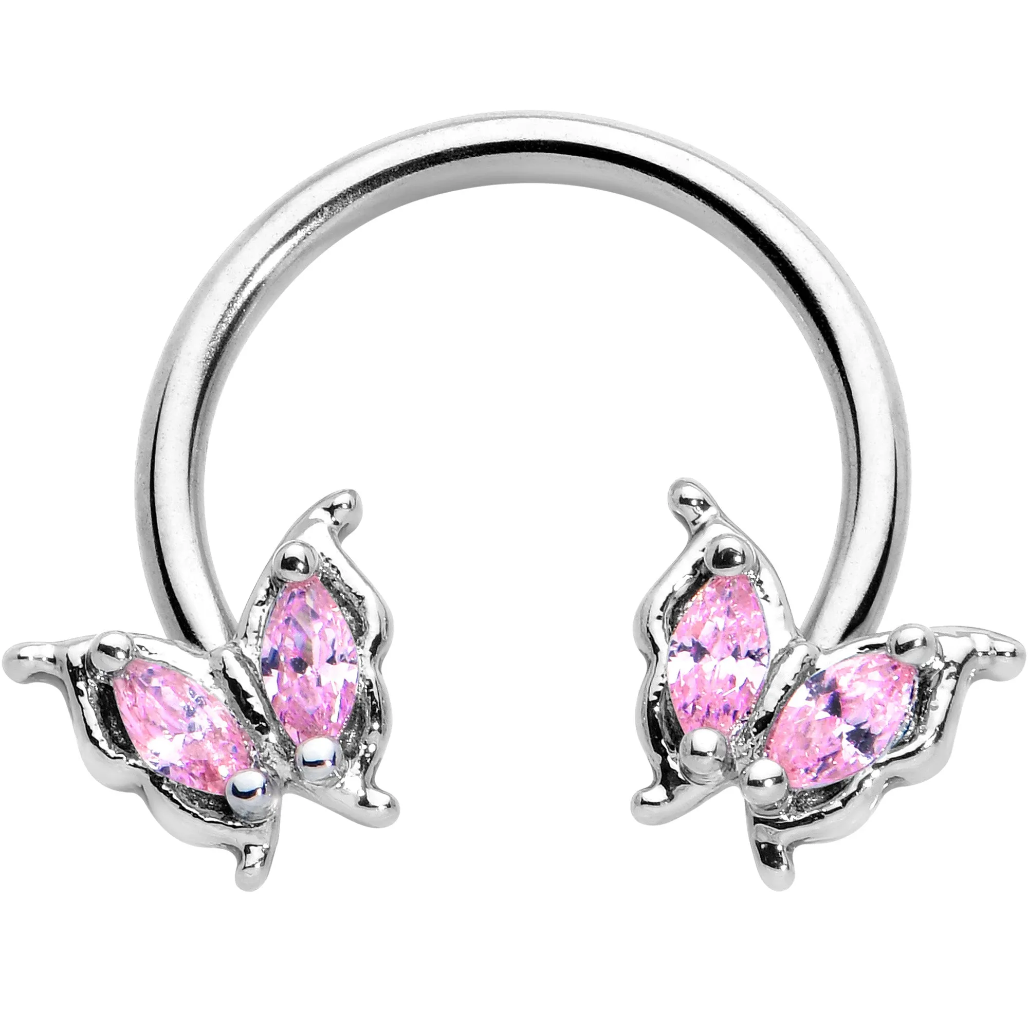 16 Gauge 3/8 Pink Gem Fancy Fab Butterfly Horseshoe Circular Barbell