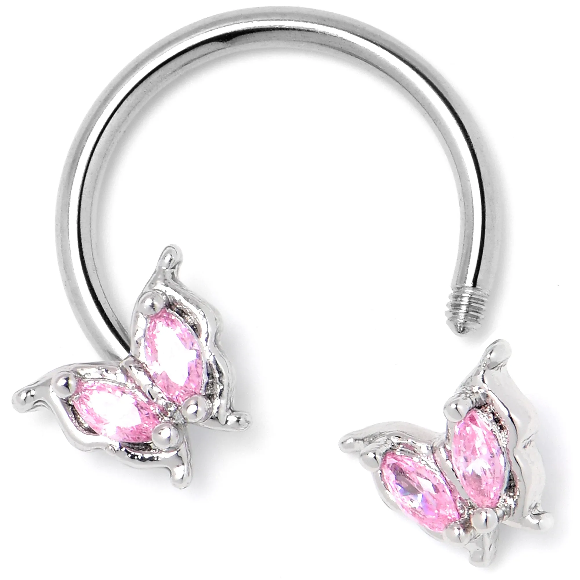 16 Gauge 3/8 Pink Gem Fancy Fab Butterfly Horseshoe Circular Barbell