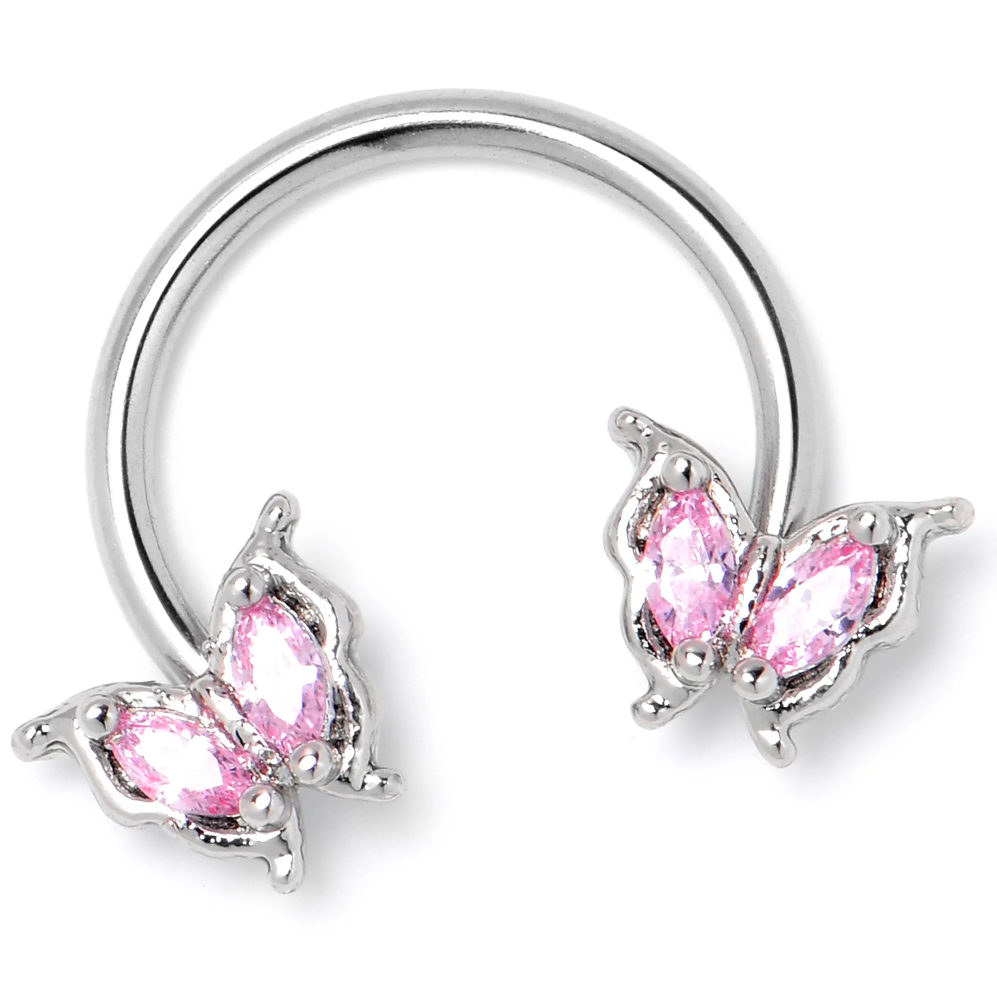 16 Gauge 3/8 Pink Gem Fancy Fab Butterfly Horseshoe Circular Barbell