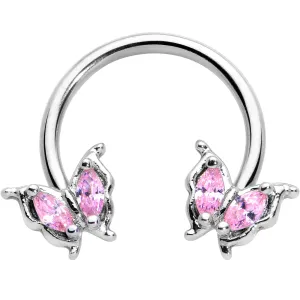 16 Gauge 3/8 Pink Gem Fancy Fab Butterfly Horseshoe Circular Barbell