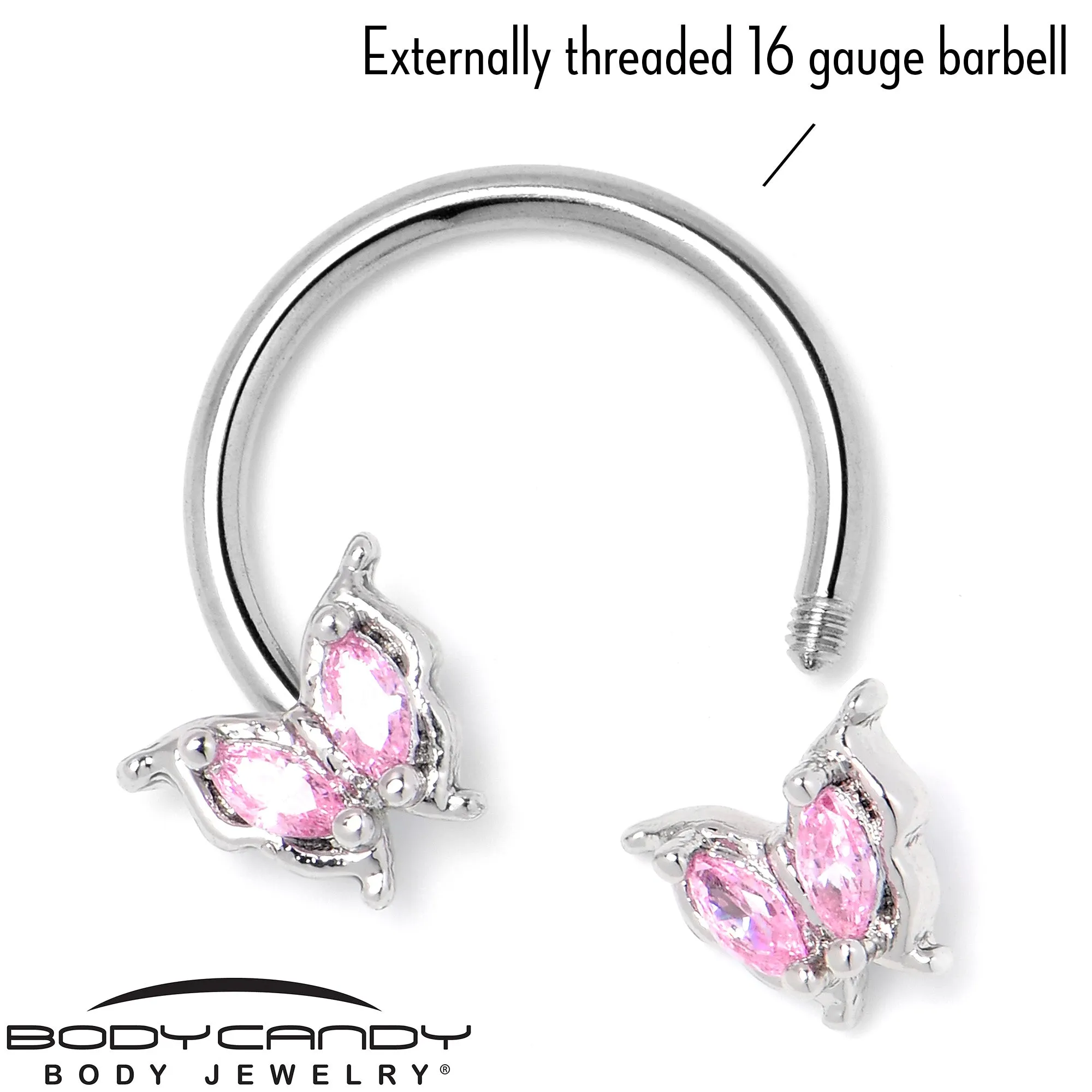 16 Gauge 3/8 Pink Gem Fancy Fab Butterfly Horseshoe Circular Barbell