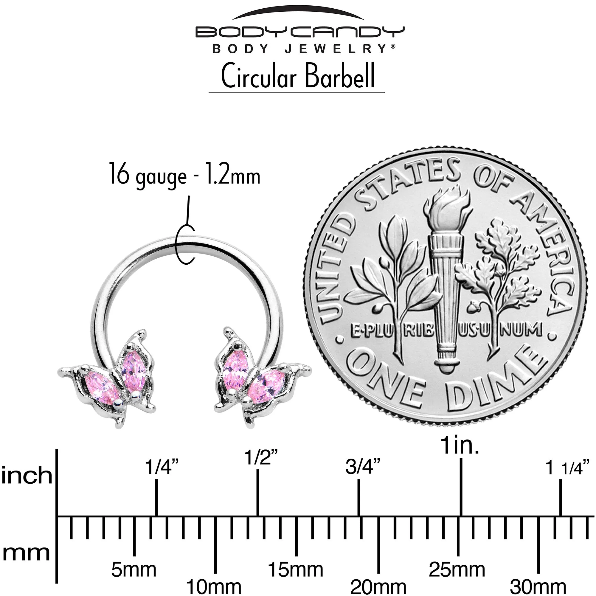 16 Gauge 3/8 Pink Gem Fancy Fab Butterfly Horseshoe Circular Barbell