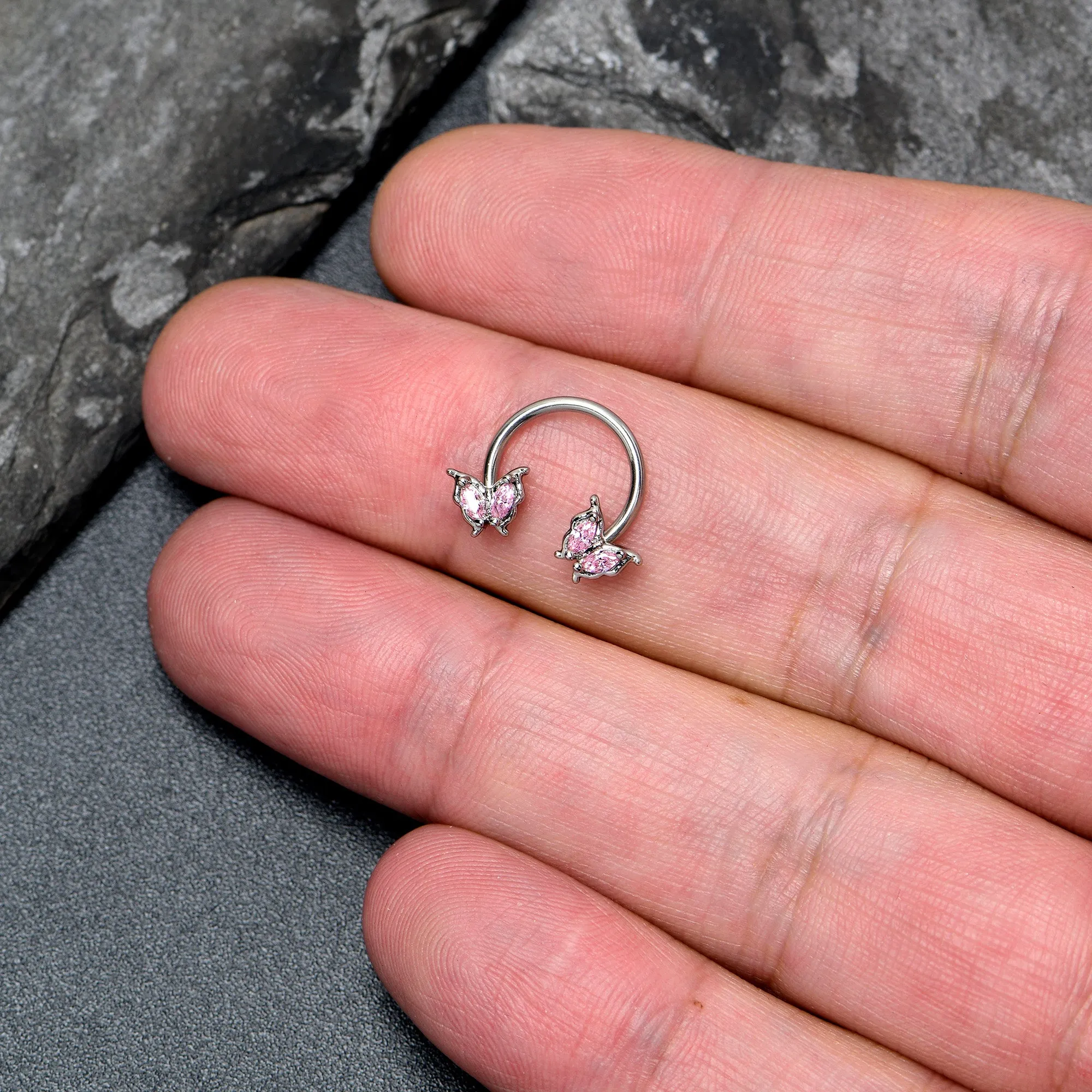 16 Gauge 3/8 Pink Gem Fancy Fab Butterfly Horseshoe Circular Barbell