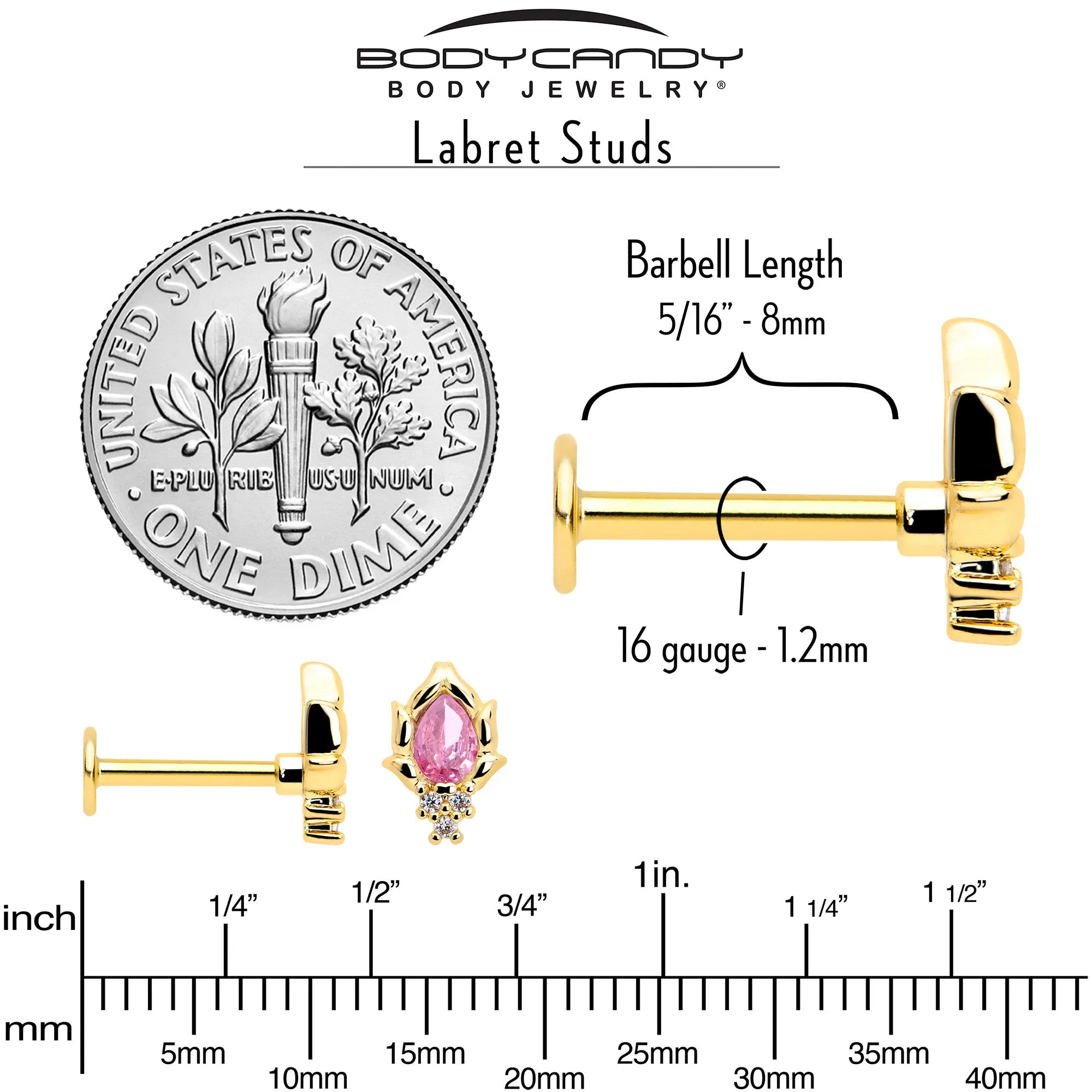 16 Gauge 5/16 Pink CZ Gem Gold Tone Style Fire Labret Monroe Tragus