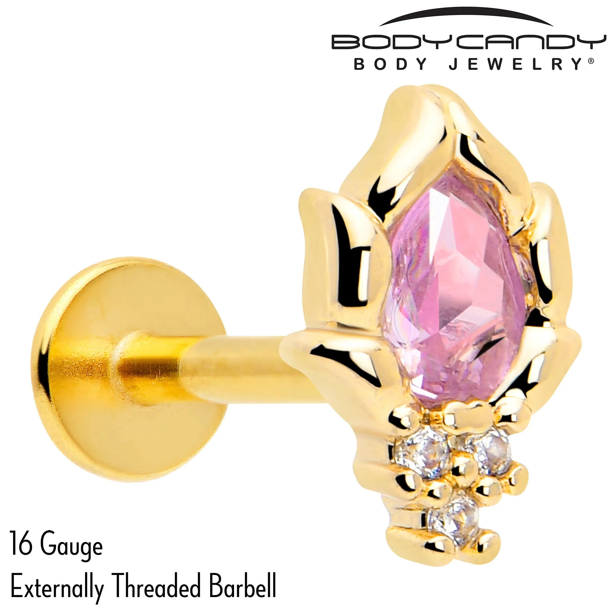 16 Gauge 5/16 Pink CZ Gem Gold Tone Style Fire Labret Monroe Tragus