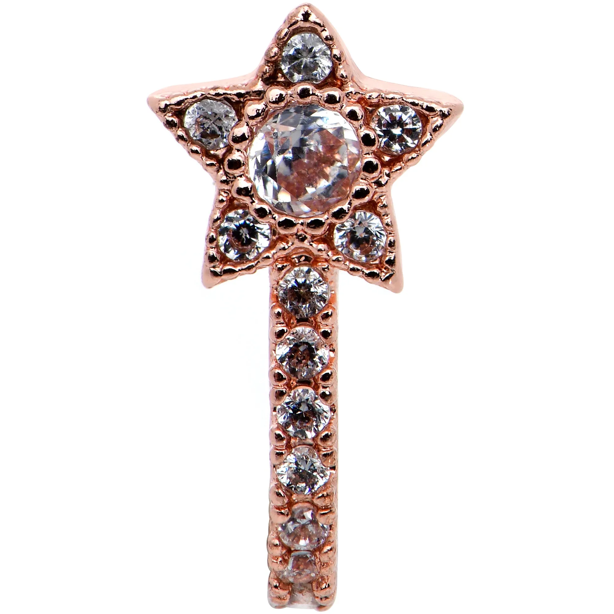 20 Gauge 7mm Clear Gem Rose Gold Hue Starry Faux Hoop L Shape Nose Ring