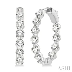 3 ctw Interior and Exterior Bezel Set Round Cut Diamond Fashion Hoop Earring in 14K White Gold