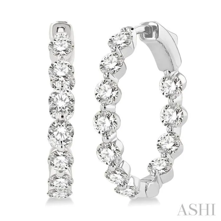3 ctw Interior and Exterior Bezel Set Round Cut Diamond Fashion Hoop Earring in 14K White Gold