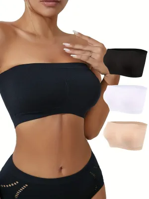 3 Pcs Comfortable Double-layer Extended Size Shoulderless Strapless Bra, Slightly Breast Wrap Detachable Chest Pad Bra, Women's Lingerie & Underwear