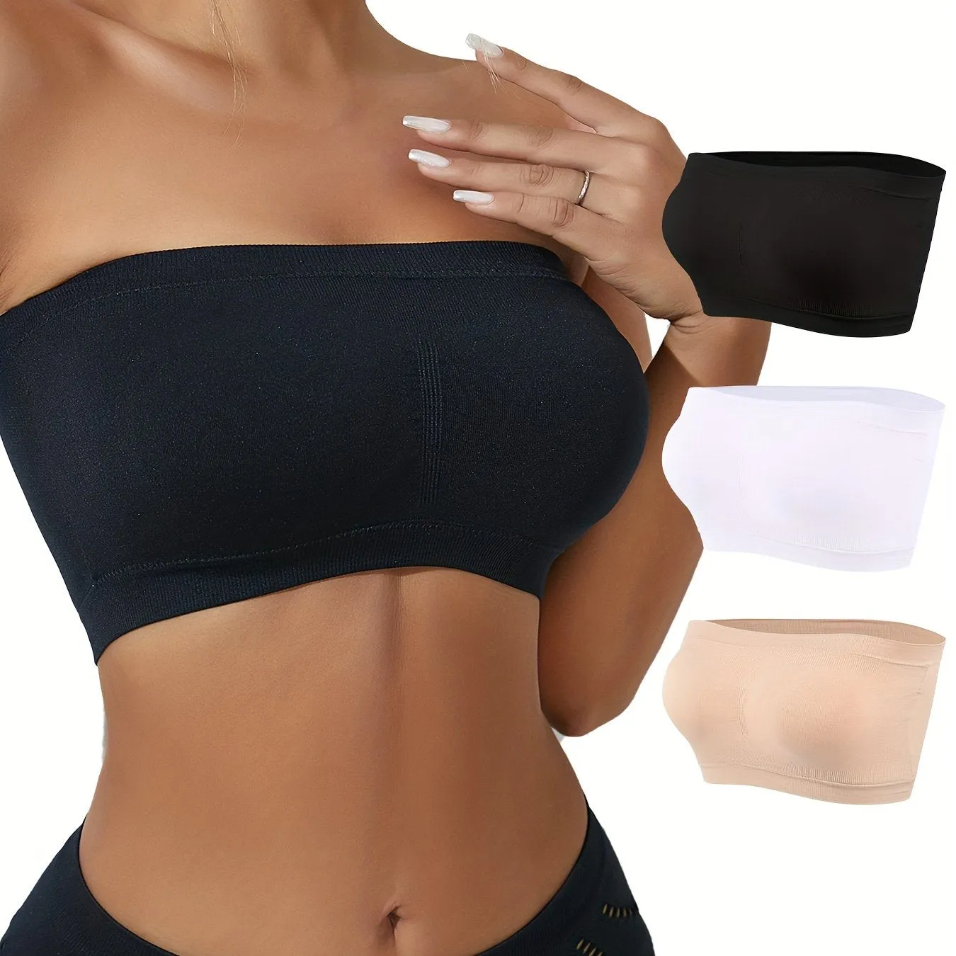 3 Pcs Comfortable Double-layer Extended Size Shoulderless Strapless Bra, Slightly Breast Wrap Detachable Chest Pad Bra, Women's Lingerie & Underwear