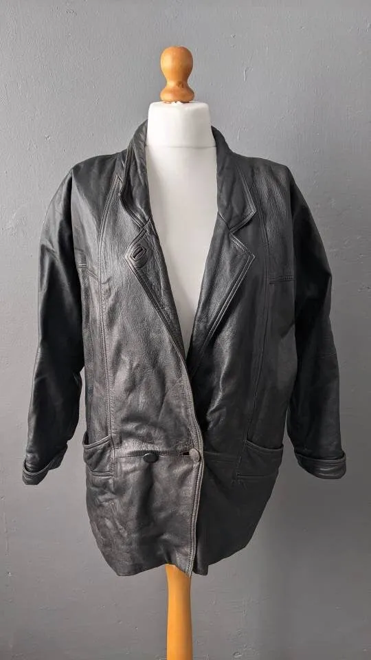 80s Oversized Leather Jacket, Distressed Cocoon Coat, Size Medium