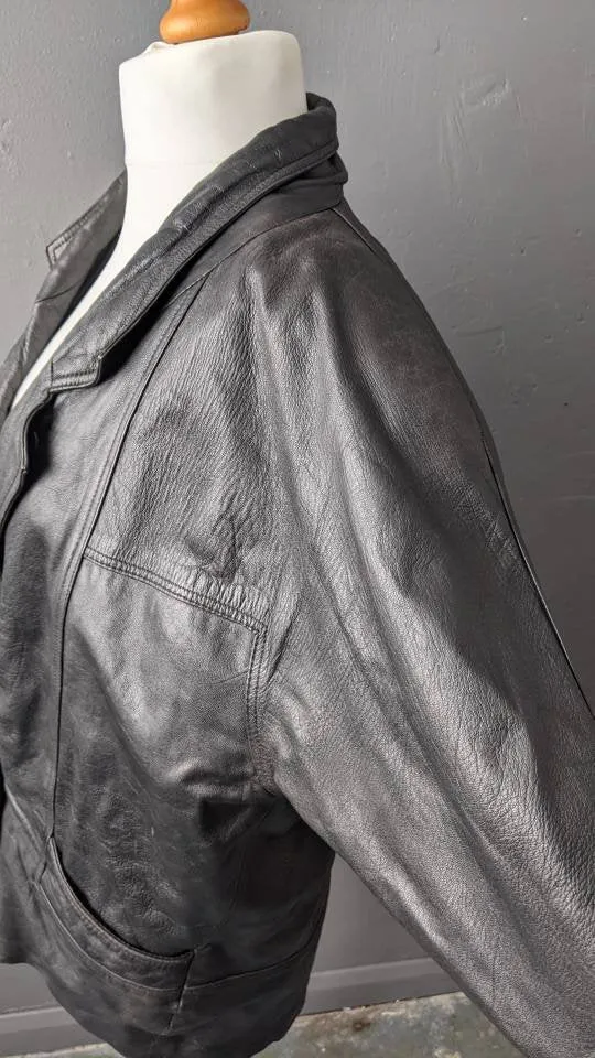 80s Oversized Leather Jacket, Distressed Cocoon Coat, Size Medium